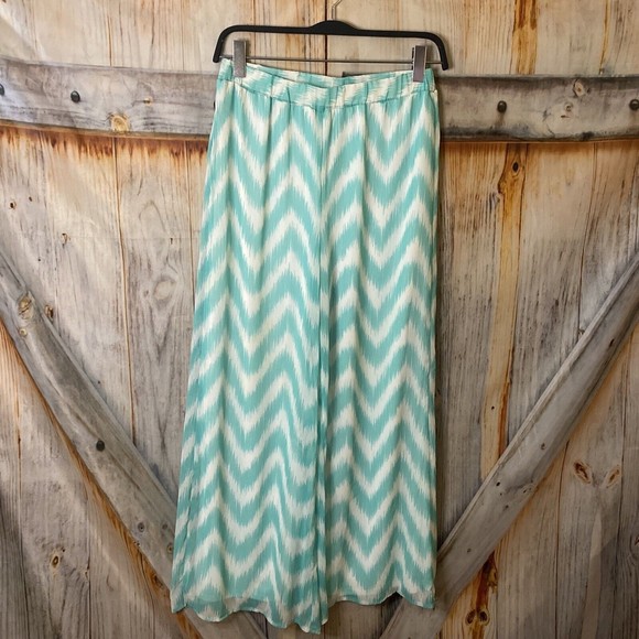 Halo Pants - Halo Wide Leg Chiffon Lined Chevron Elastic Waist Pull On Pants Teal White Sz M